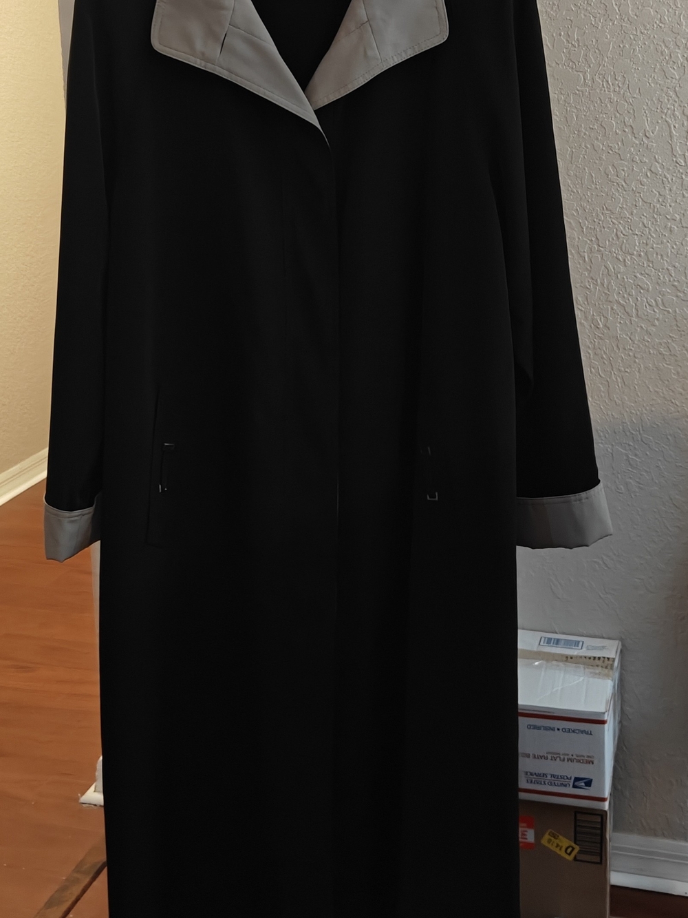 Gallery Black Trench Coat with Tan Collar and Cuffs